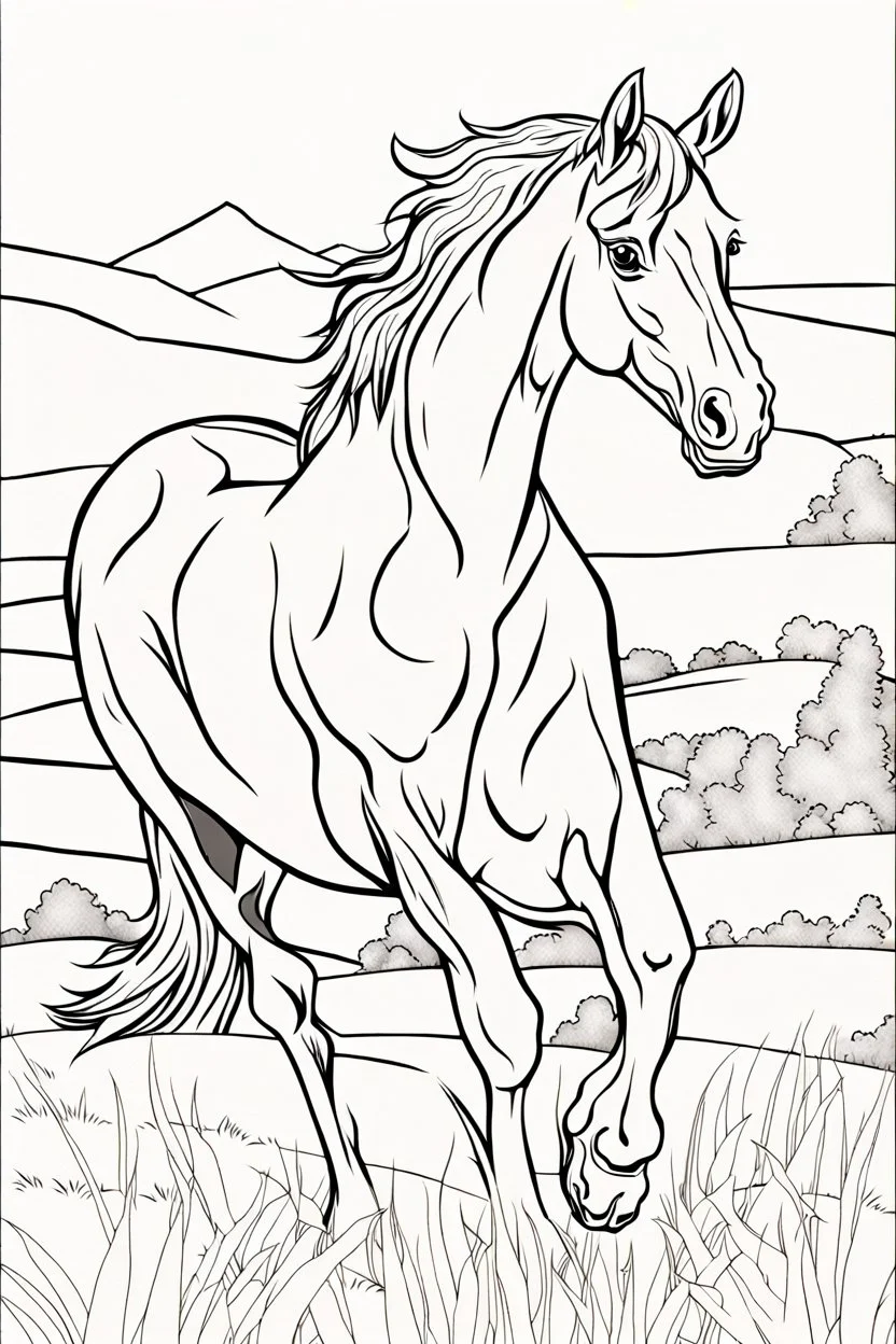 coloring page for kids, horse, thick outline, low details, no shading, no color