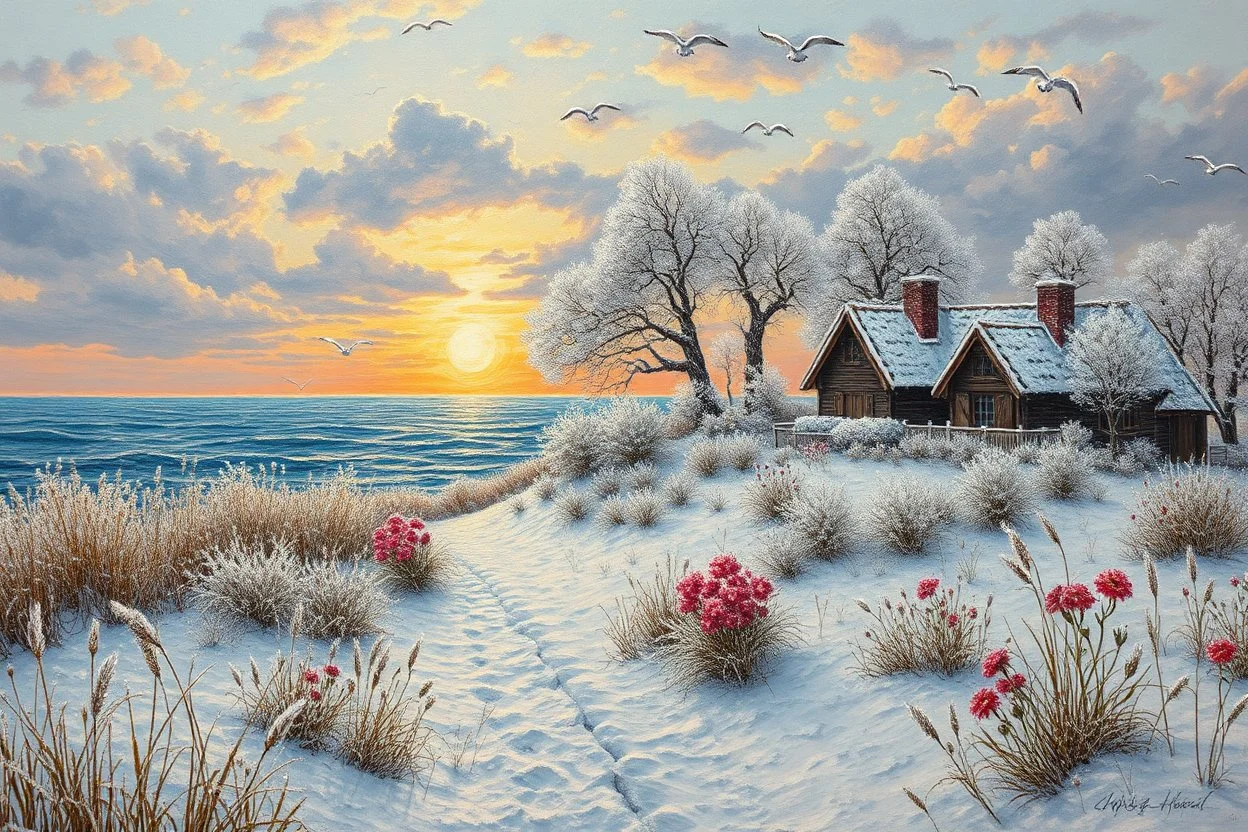 Richly textured Hieronymus Bosch, Catrin Welz-Stein, William Turner, Zdzisław Beksiński, Jacek Yerka oil on canvas zentangle line art style mix, surreal frosted fantasyland winter oceanscape, hoarfrost on trees, high grasses, snow and cottages, withered flowers, pale sunrise; paint splatter, beautiful vibrant colors, reflections, SK, flying seagulls, dramatic clouds, snowfall.