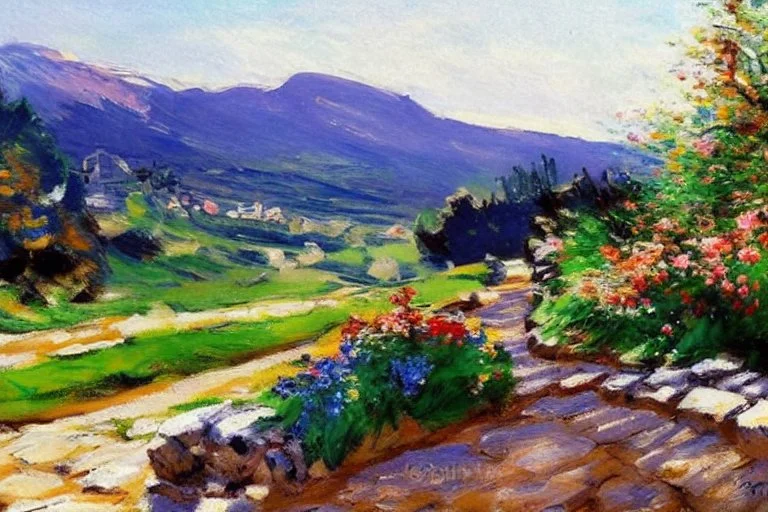 Mountains, sunny day, cloids, stone wall, flowers, pathways, grass, vegetations, distant trees, lesser ury impressionism painting