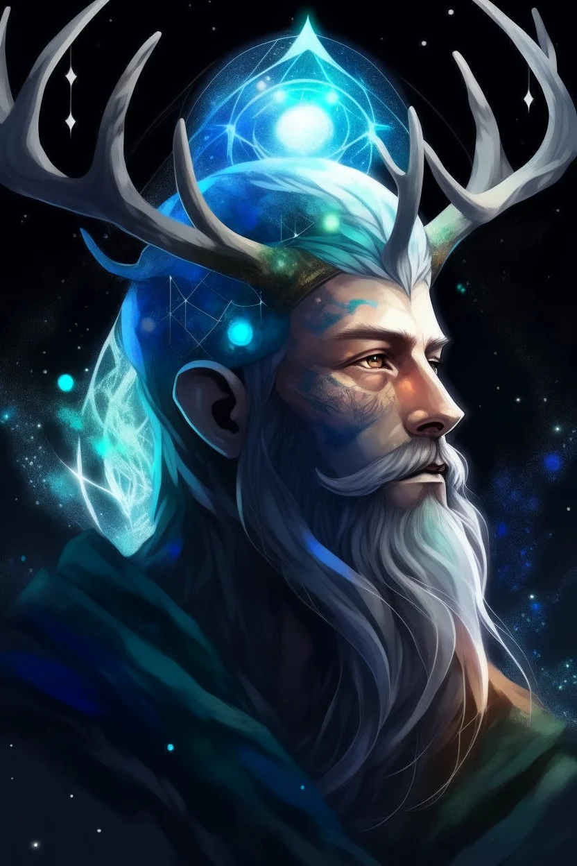 prismatic hair ethereal transparent prism astral projection Male antlers druid of the stars beard constellations radiance prismatic shining starlight enshrouded radiance sad cold winter ice despair