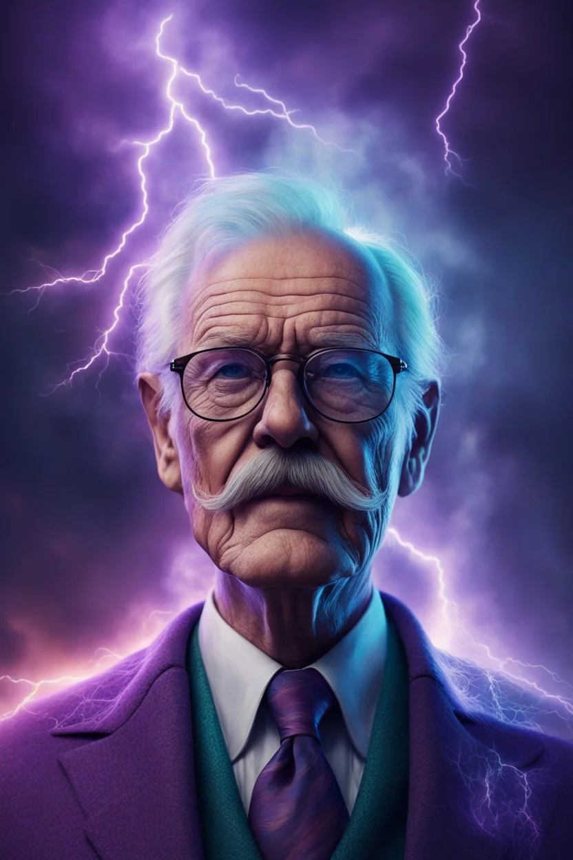 lightning strikes, abstract, high quality, UHD, Luminous Studio graphics engine, violet, cyan, octane render, cloudy haze, fiery members, old man Carl Gustav Jung with glasses and mustache portrait