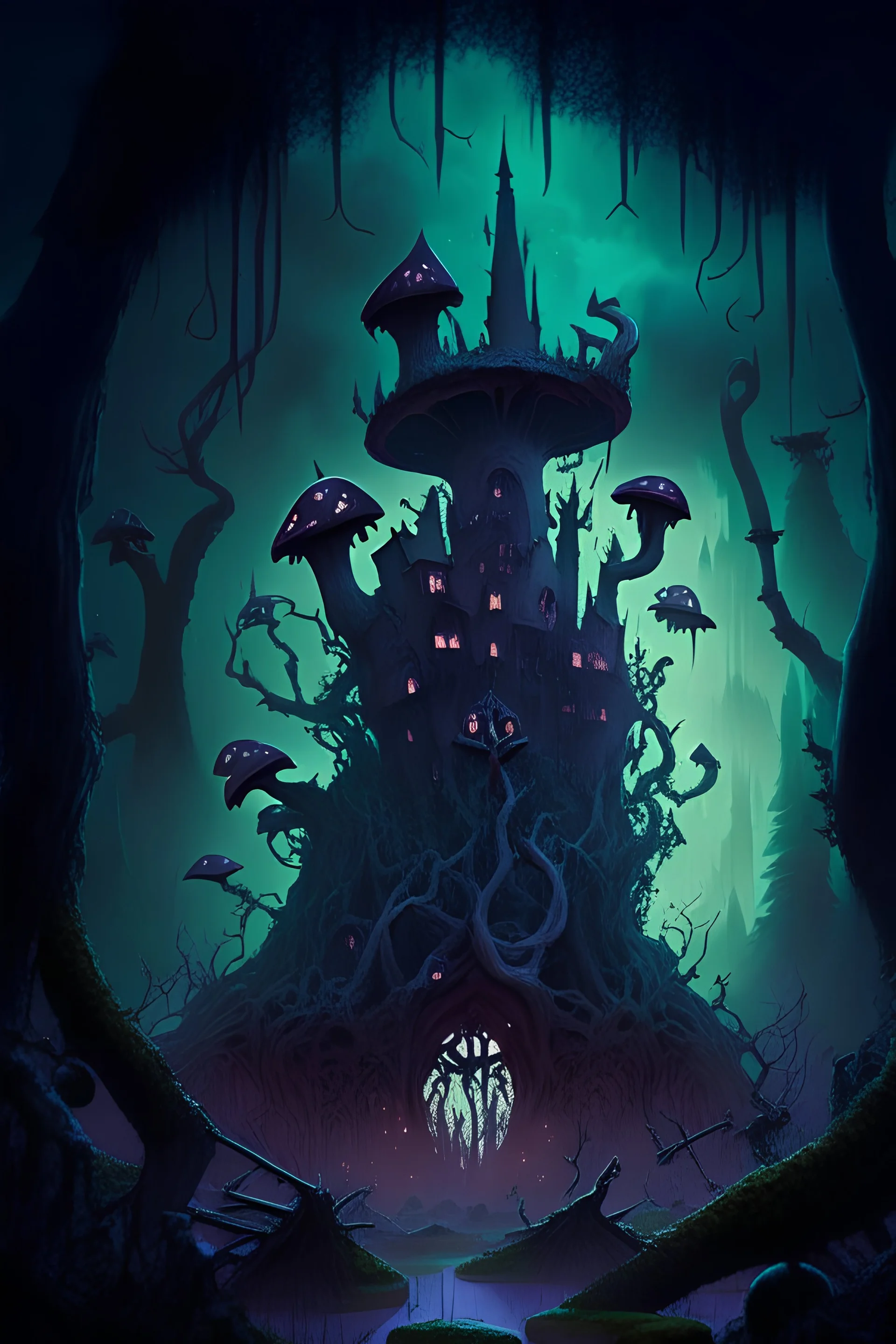 A frightening mushroom forest dungeon with a twisted bramble evil castle in the background