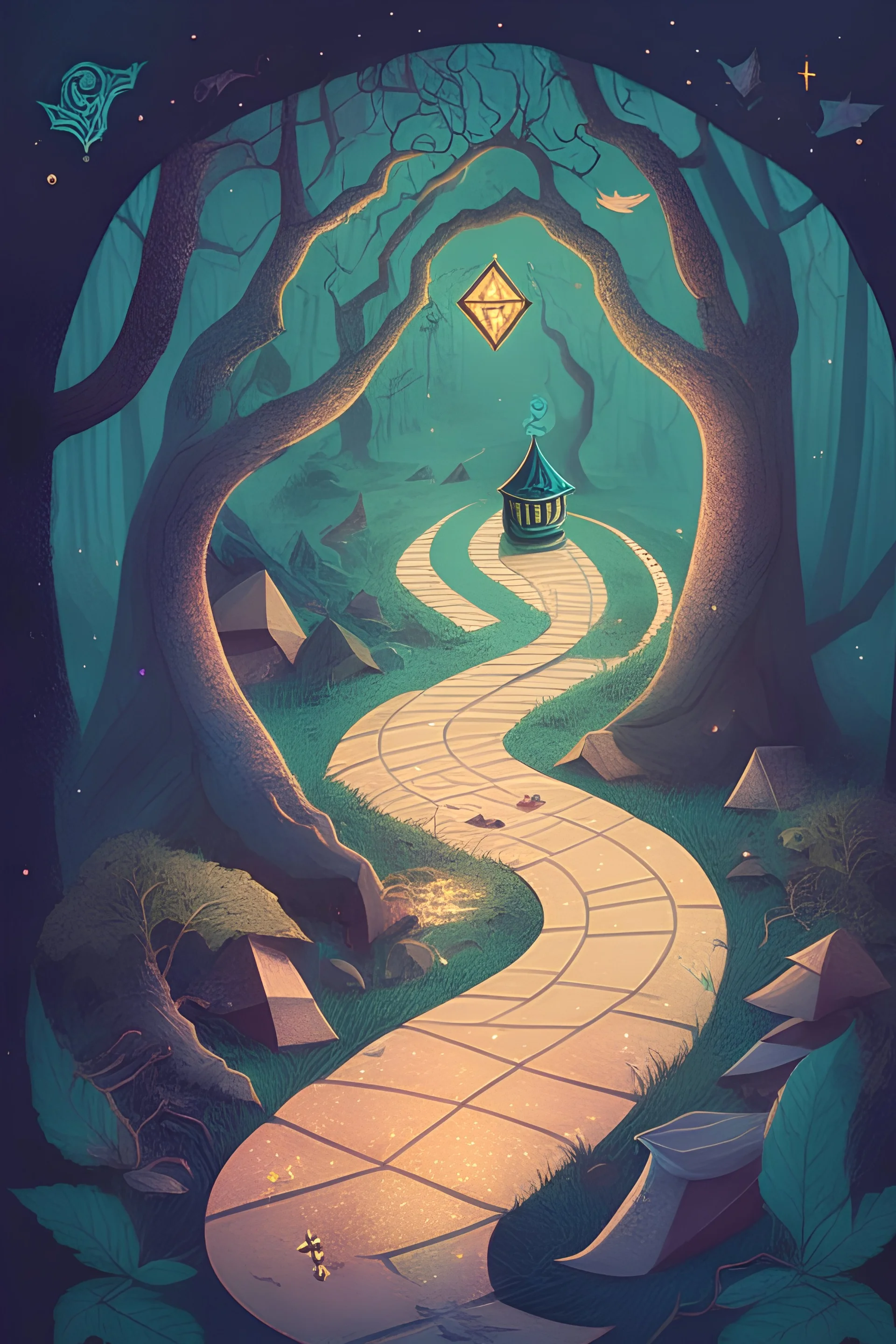 an illustration of a magical path with a wage covered fortune teller