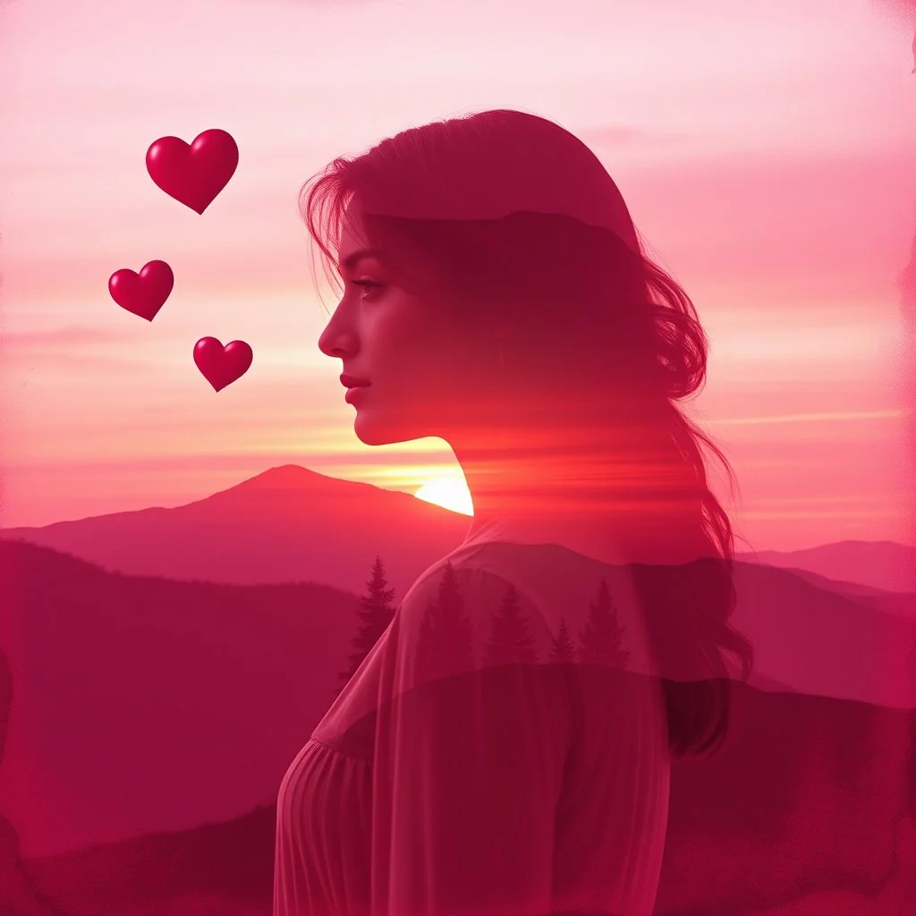 Double Exposure Of A Beautiful Woman (Full Body) With Mini Maroon Whirling Hearts With Cloudy Sunset And Small Pine Trees On Mountains on a Grunge Pink And Red Background.