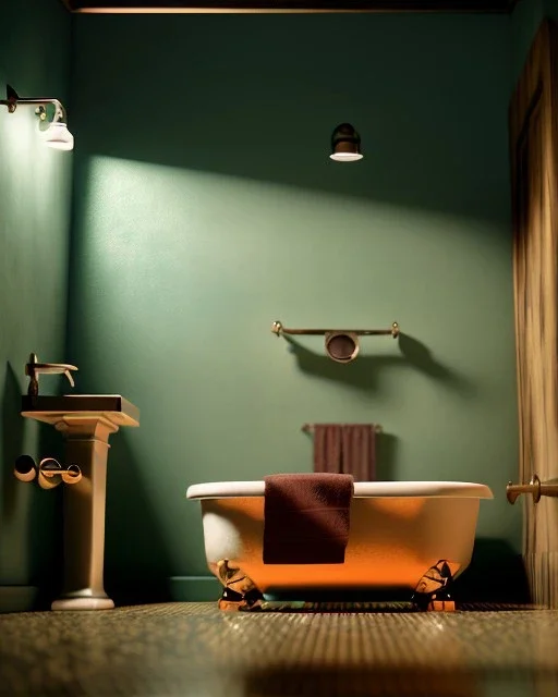 Bathroom scene with big hair monster, Wes Anderson style, realistic photo, realistic image, concept art, smooth, unreal engine 5, god lights, ray tracing, RTX, lumen lighting, ultra detail, volumetric lighting, 3d.