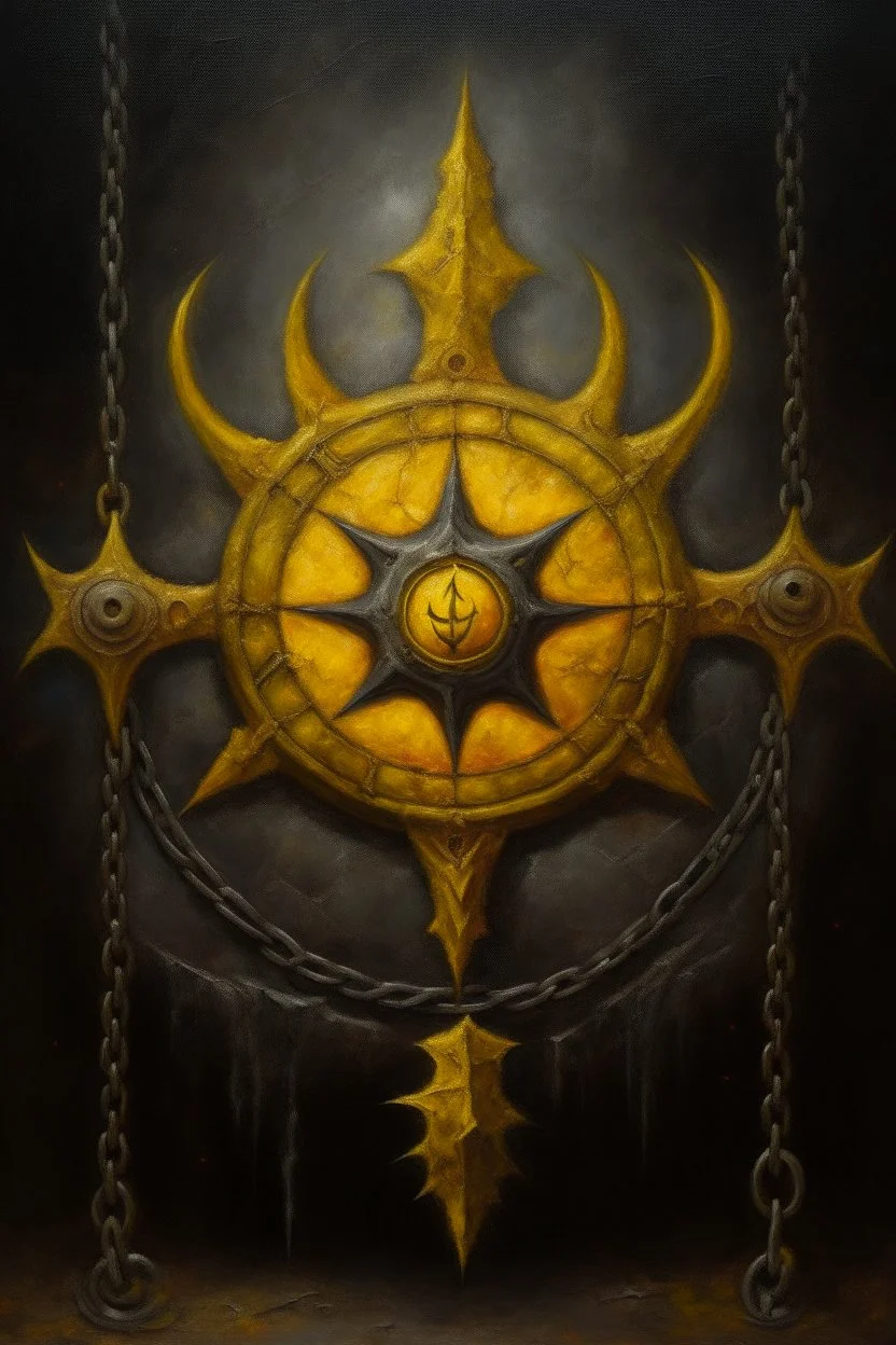 Living cauldron with yellow sigil, slightly demonic seal in it, prize winning oil painting