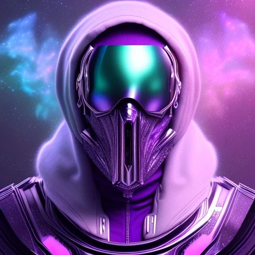 portrait of purple masked villain in galaxy, futuristic, teal and purple smoke, full portrait, hyper realistic, 4k, detailed