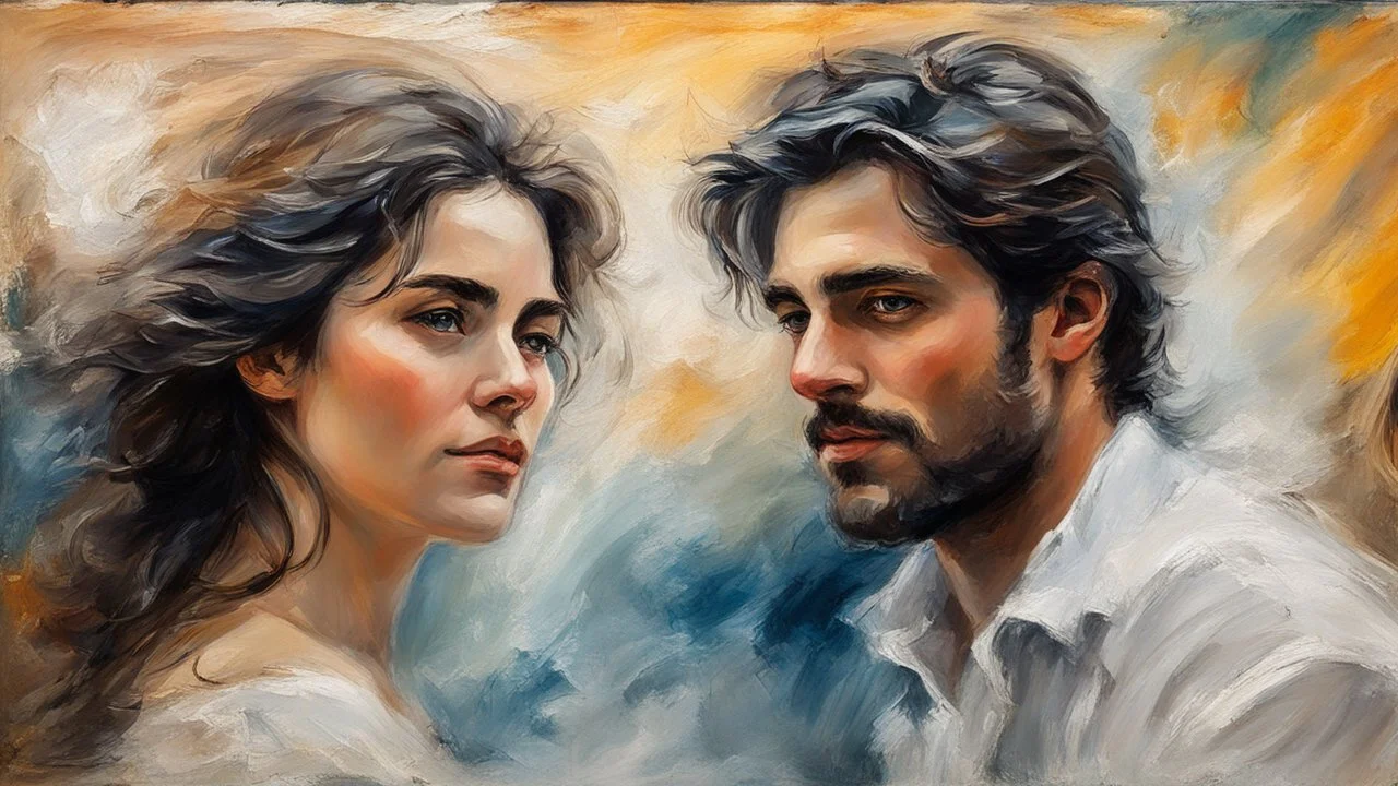 portrait woman and man, love, <lora:Impasto Painting:1.0> <lora ani Color Fume:1.3><lora:Impasto Painting:.6> (JMW Turner style:1.3)