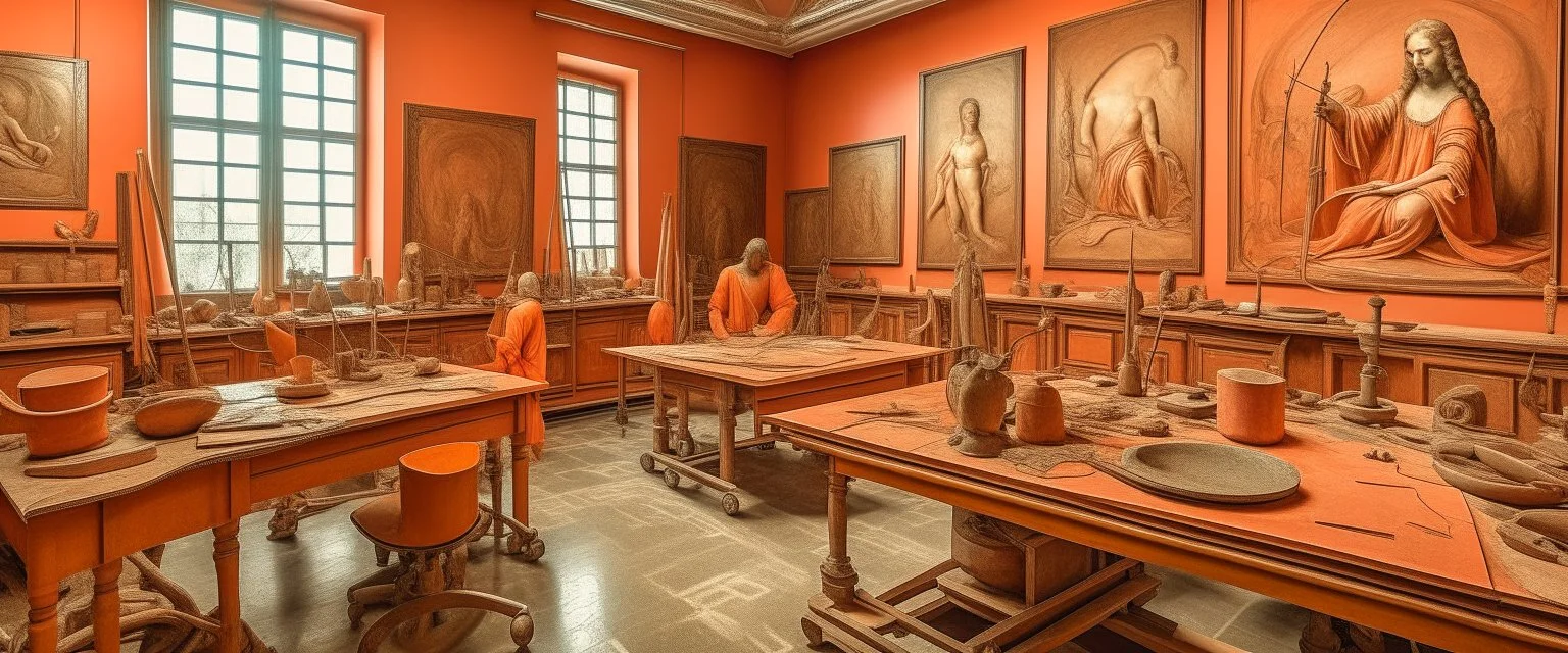 A pinkish-orange color workshop filled with machines painted by Leonardo da Vinci