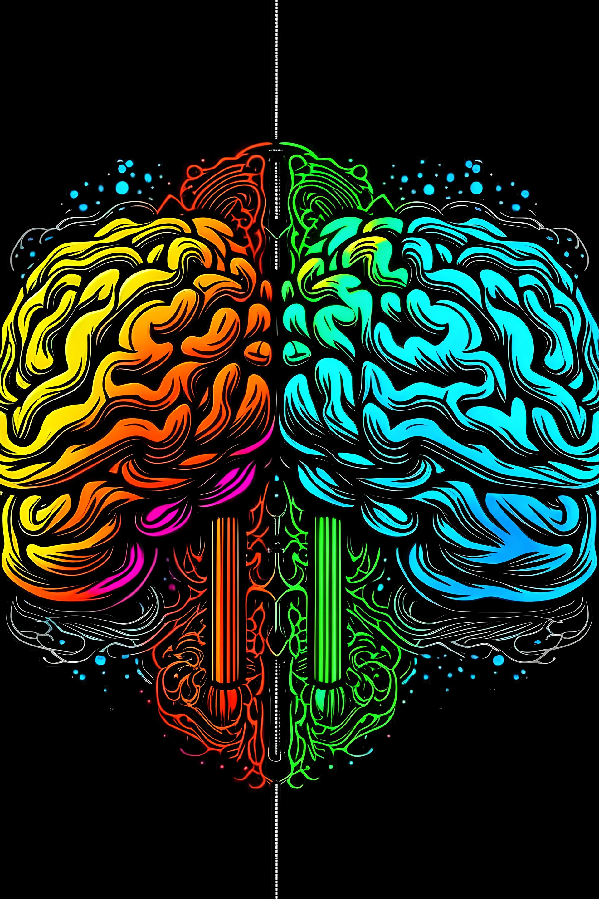 Two brains next to each other one of them is saturated in color and the other one is black and white and color and a colorful background and goes above the two brains the Scott logo