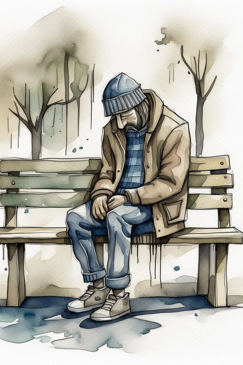 Watercolored crying man sitting on a bench