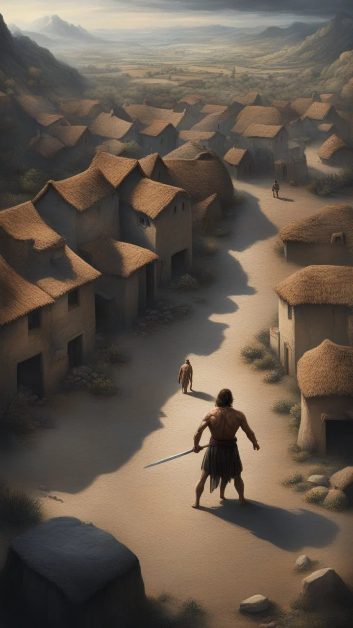 Busch nightmares paining style, thin line draw ,Title:a giant man looks like a hero holding a sword , a top view of a Stone Age village , 8k artistic photography, photorealistic concept art, soft natural volumetric cinematic perfect light, chiaroscuro, award-winning photograph, masterpiece, oil on canvas, Raphael, Caravaggio, Greg Rutkowski, people, beksinski, Giger
