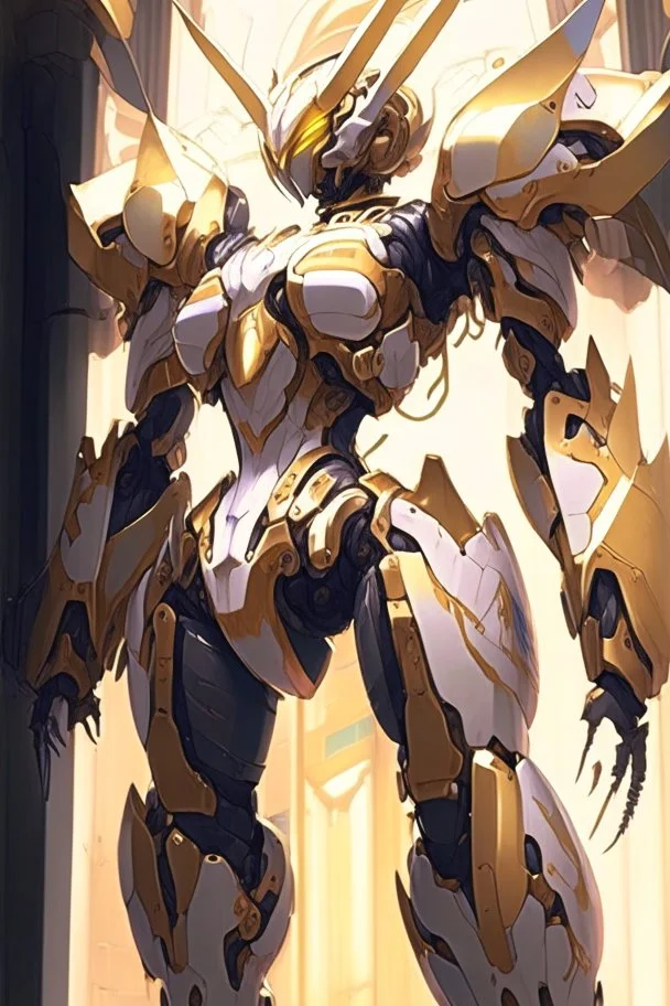 a gandam in a building, concept art of omegamon, arasaka mech, from arknights, intricate assasin mecha armor, mecha art, mecha anime, barbatos mobile suit, the golden humanoid robot, anime mech armor, modern mecha anime, beautiful gold saint, mecha, cgsociety 9