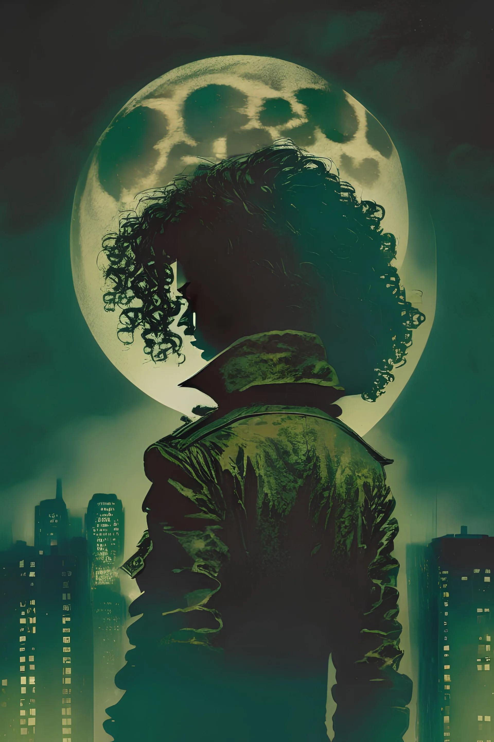 A dark, moody cover featuring a silhouette of a woman with curly hair wearing an old green army jacket, cityscapes, full moon,