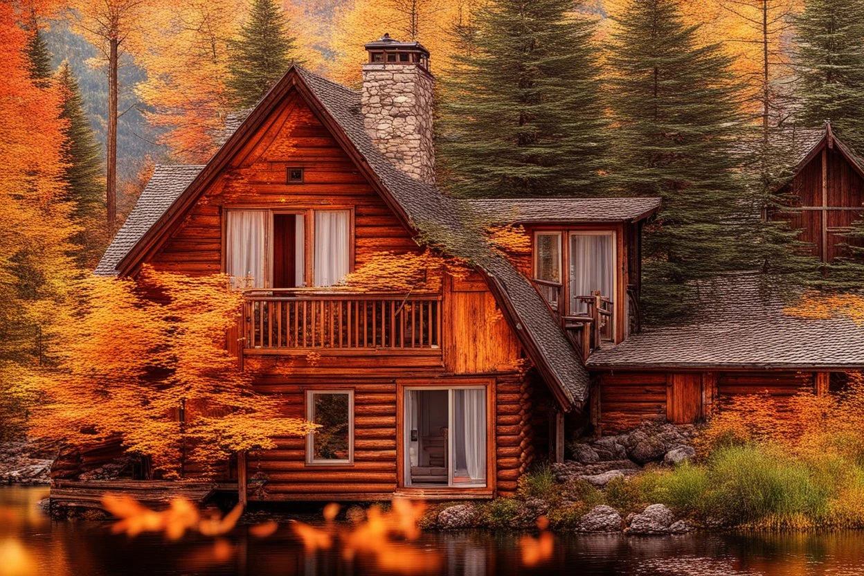 Cabin in the woods, autumn colors, lake with crystal clear water, mountains bokeh background, serenity.