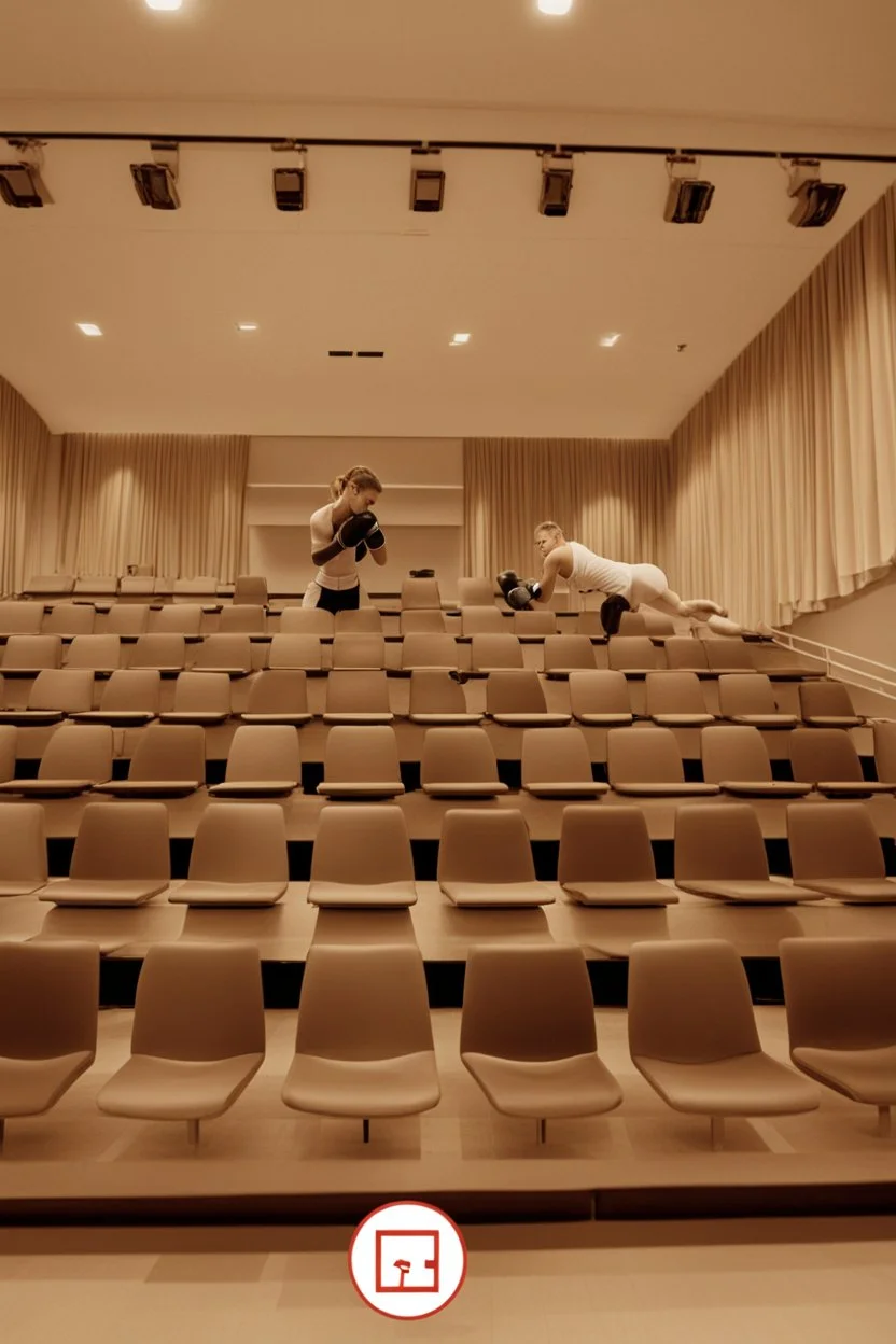 girl with messy bun hitting a punchball. She is boxing. People are sitting around her following the course. She is standing in the middle of the image in the aula. She boxing.