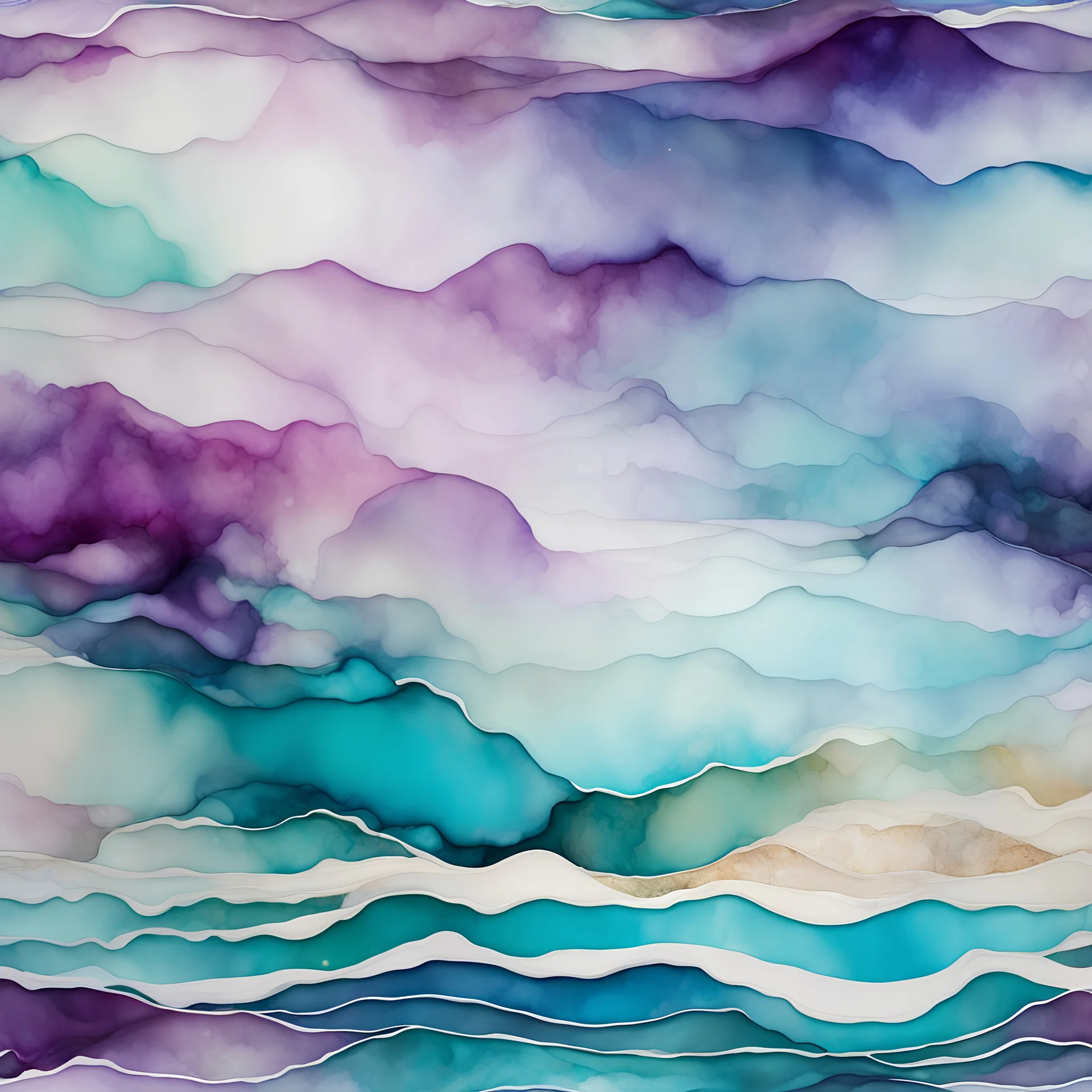 Alcohol ink art tile pattern. Vibrant, fantasy, delicate, ethereal. Sea. Shades of blue, purple, aqua, turquoise, white. waves on shore. Background ink drip.