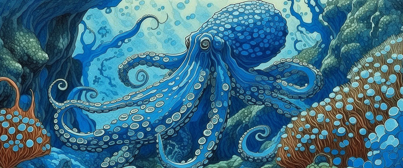 A blue underwater reef with an octopus painted by Katsushika Hokusai