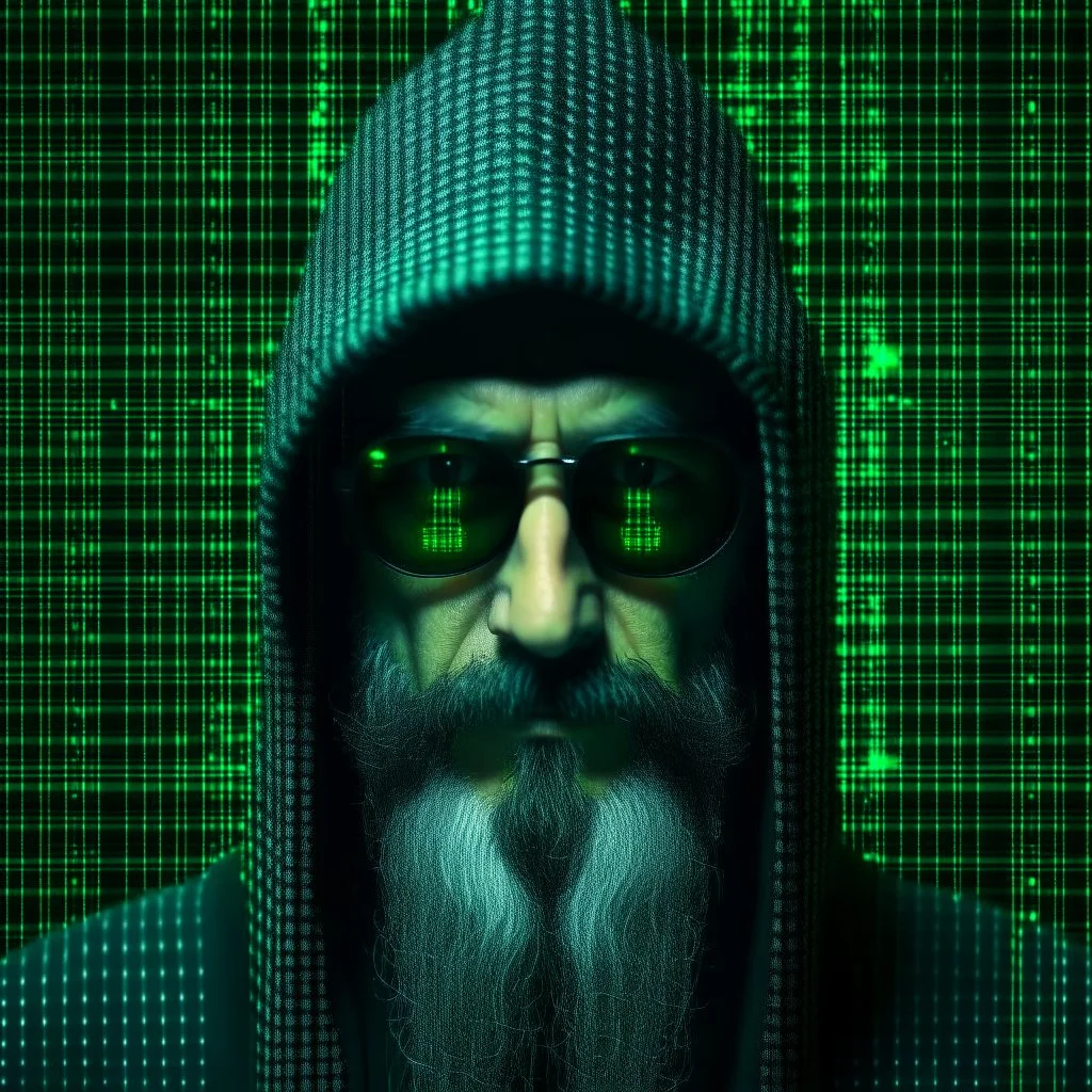 Cybersec wizard using glasses with matrix backgroud