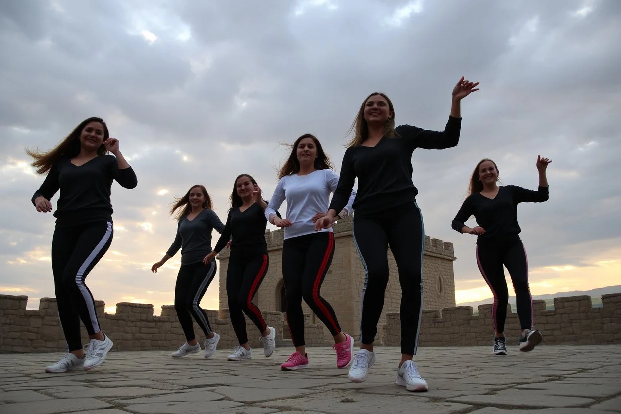 a group of Turkish young ladys in sports pants and blouse are dancing in Babak Castle in Iran west north ,cloudy sun set sky