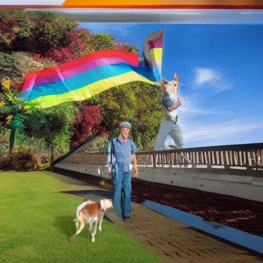 old man with glasses, with dog, on the rainbow bridge