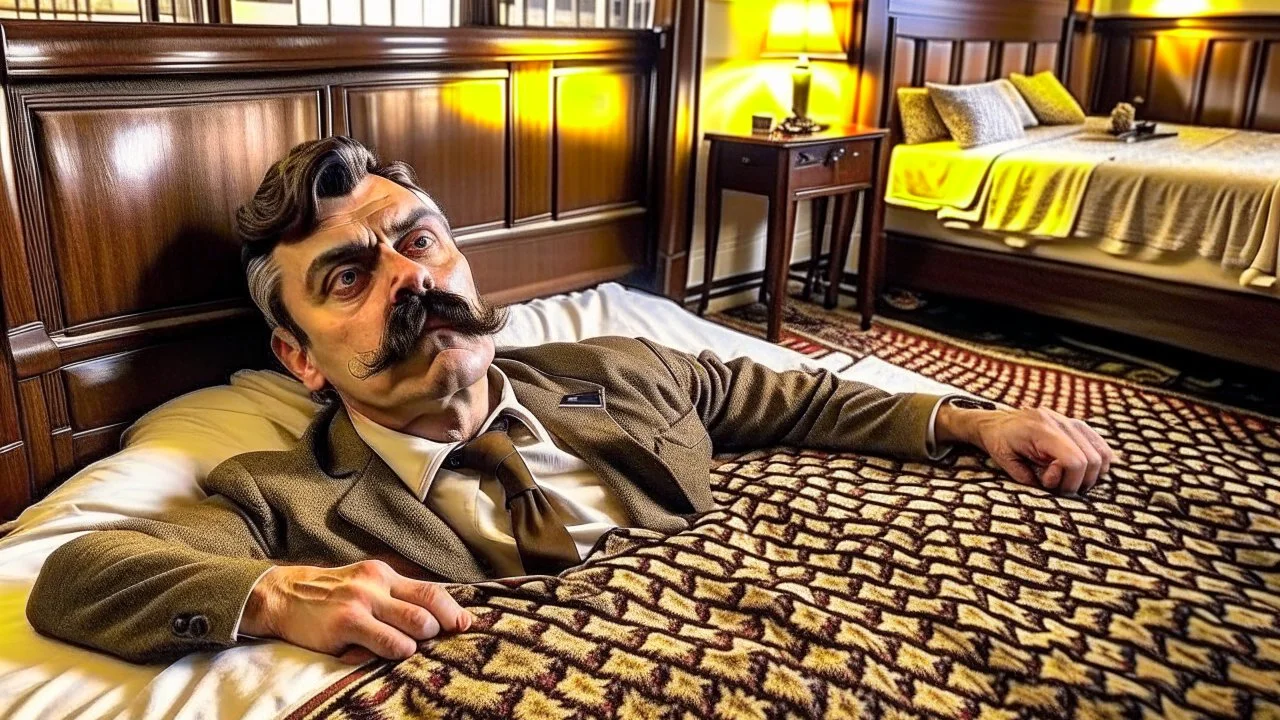 man passed out on hotel room floor while mustache man stares at him longingly