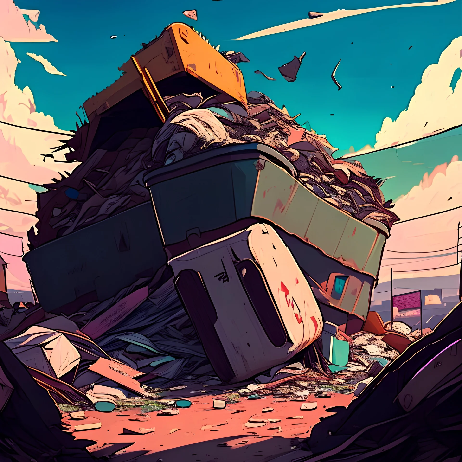 Dumpster mountains of garbage as fare as Eye can see High detail with no people anime style