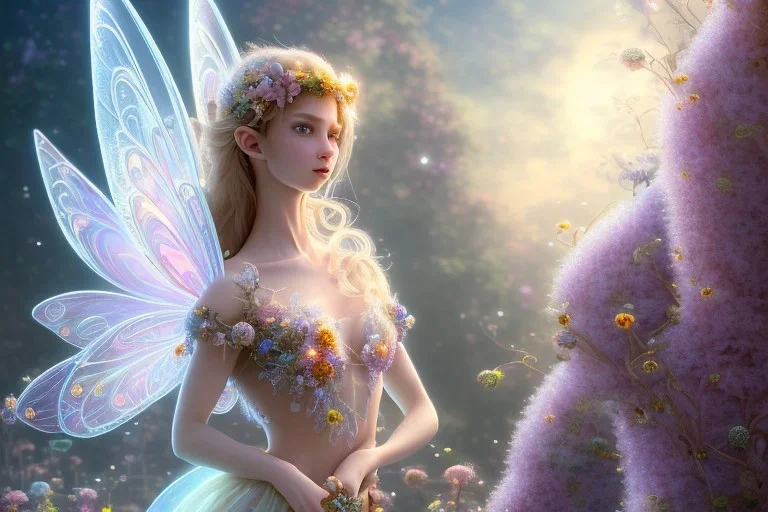 one very little beautiful fairy on a big crystal subtle flower in a galactic ambiance, transparent petals, delicate colors, in the foreground, full of details, smooth, bright sunshine，soft light atmosphere, light effect，vaporwave colorful, concept art, smooth, extremely sharp detail, finely tuned detail, ultra high definition, 8 k, unreal engine 5, ultra sharp focus