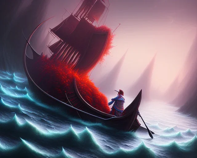 sango fantasy, fantasy magic, intricate, sharp focus, illustration, highly detailed, digital painting, concept art, matte, Greek mythology Charon ferryman in boat on river styx, sharp jagged rocks, red purple blue colours, red hot lava river