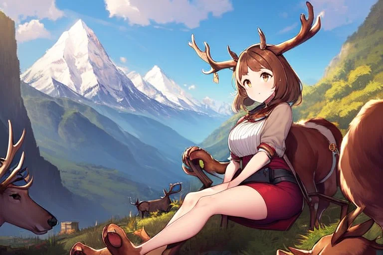 Girl, mountain, sit on stoan, deer hoof foot, brown hair