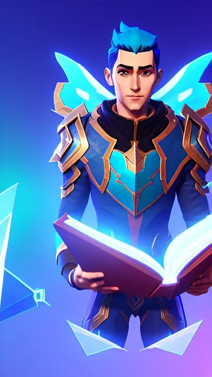 a human male with blue short hair and blue wings in assymetrical armor with geometric patterns and a book in hand, geometric wings