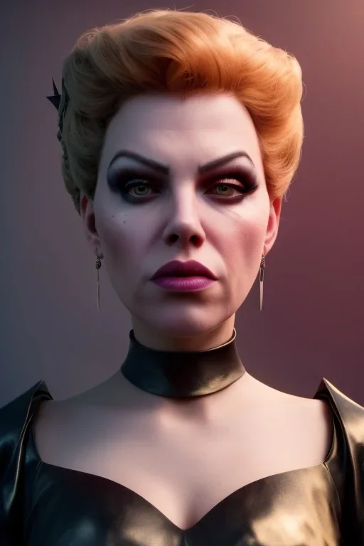 Hannah Waddingham as evil queen in black leather, busty, cleavage, voluptous, rebecca Welton, angry, stern look. character design by cory loftis, fenghua zhong, ryohei hase, ismail inceoglu and ruan jia. unreal engine 5, artistic lighting, highly detailed, photorealistic, fantasy