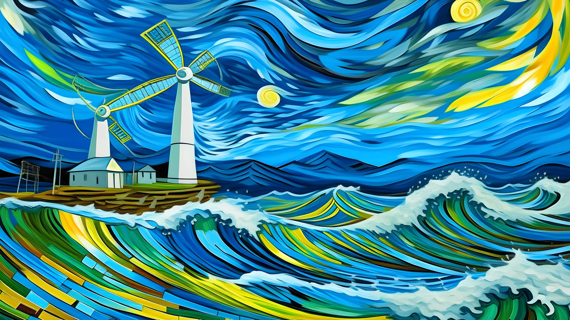 large wind turbines fighting with a turbulent air with large waves flow with a theme of the Great Wave portrait and Van Gogh’s starry night perspective