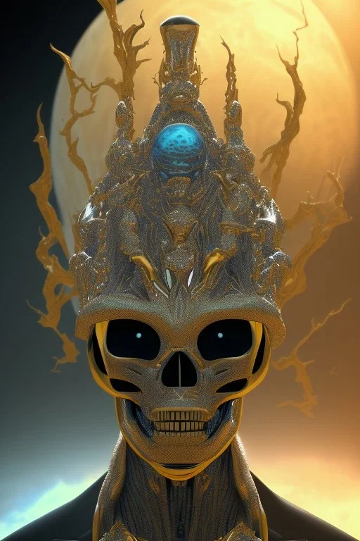 black male African alien, cracks in the voodoo head, wicked, diamond eyes, crown, blood, 8k, finely detailed, photo realistic, Boris Vallejo style turquoise skull head gold dragon space alien rain skeleton gold tooth silver helmet silver space suit spaceships