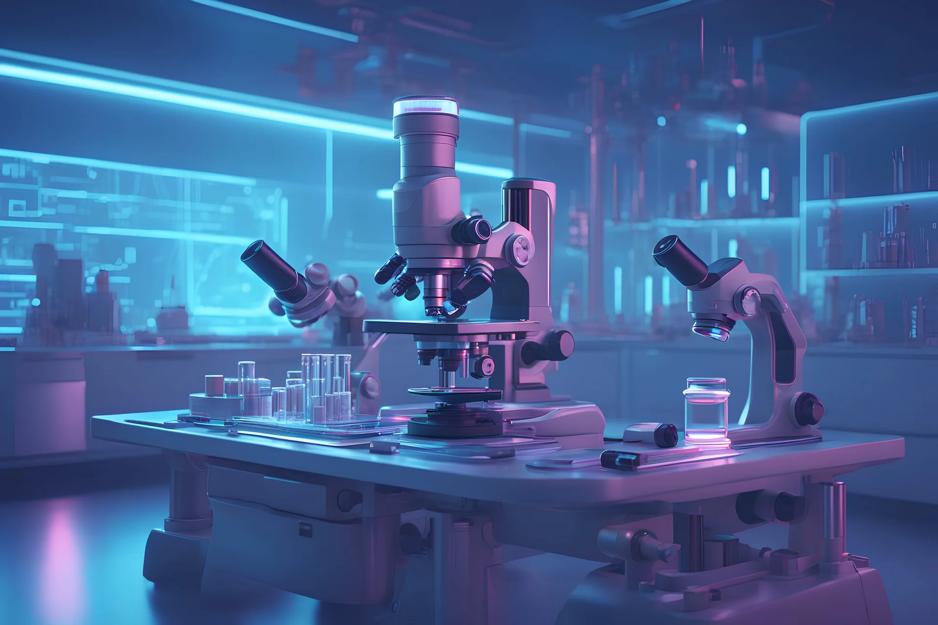 futuristic microscope and other laboratory gadgets on a bench , 16k, 3d rendering, expressively detailed, futuristic, cyberpunk, dynamic light, expressive lighting, neon lighting,