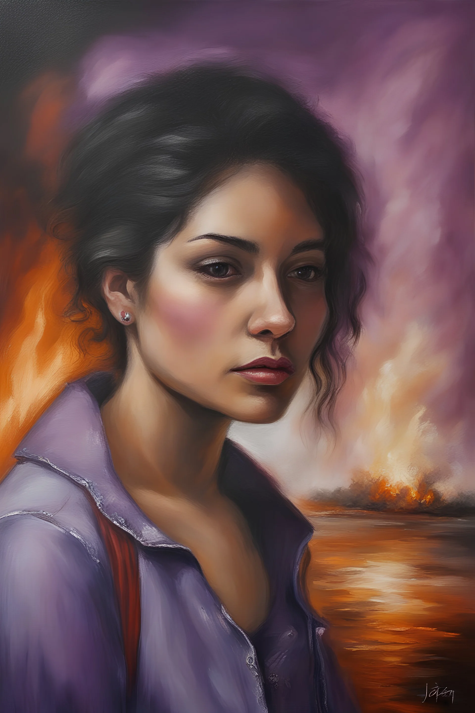 Portrait of Sizzy Sezno - oil painting by Jatam Minicor - fire, fog, mist, smoke and purple rain