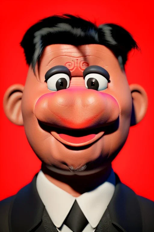 Waist up muppet Portrait, Kim Jong-un muppet doll, black suit, photo studio, red background, unreal engine 5, concept art, art station, god lights, ray tracing, RTX, lumen lighting, ultra detail, volumetric lighting, 3d.