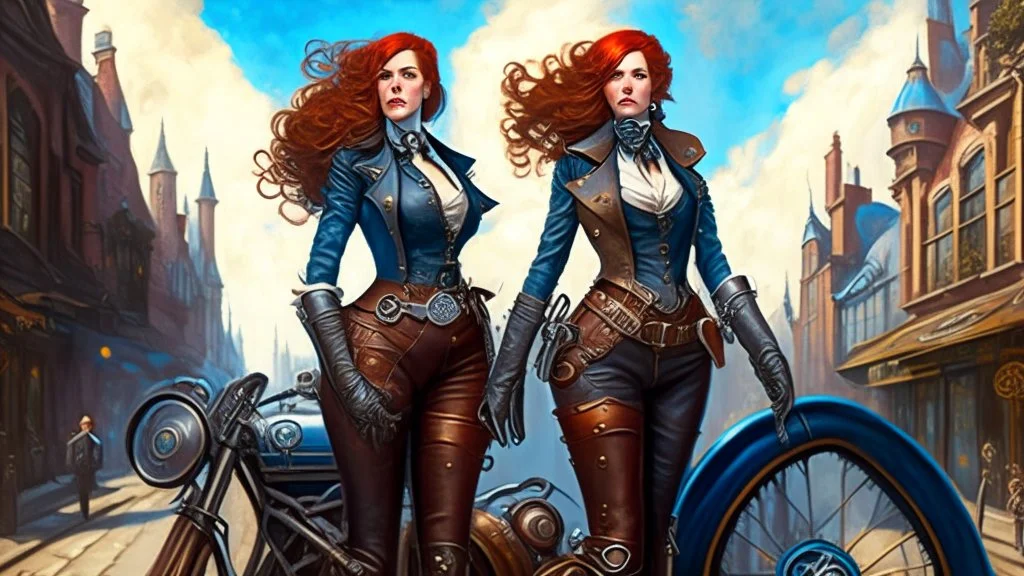 full-height portrait of a woman with straight shoulder-length auburn hair, with metal arms and legs, dressed in leather trousers, and a waistcoat, in a Victorian street next to a steampunk motorbike, blue sky