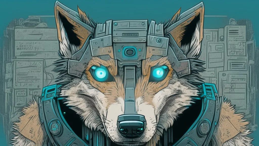 Robotic wolf looking at the camera, comic style