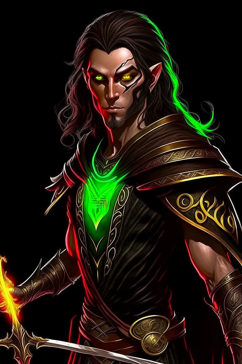 full length, mantle, black background, black with, holding a spear in his hand, dark green eyes, the character is not too close to the camera