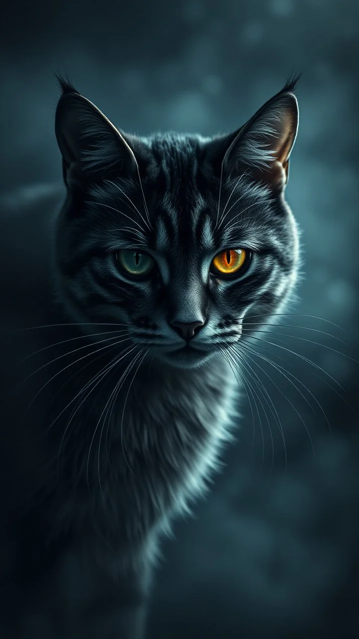 ,surrealism of the dark of a nightmare , hyper photorealistic, hyper detailed bright art color, high resolution, fog, octane render, tilt shift, HDRI Environment, all pictures dark gray, sad cat face