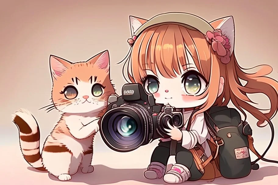 cute chibi photographer cat taking photos about a sexy cat girl