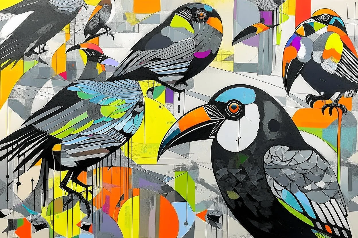 ink and paint of holo sizzle, arafed nonsense contradicting toucans in liminal space, double negative vibe, unnerving vibe, whimisical influence, grotesque vibe, ink and tint leak, minimal, brutalist, Aztec, drab and gray and orange and yellow