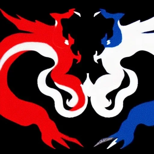 Dragon noir aux yeux rouges, dragon blanc aux yeux bleus