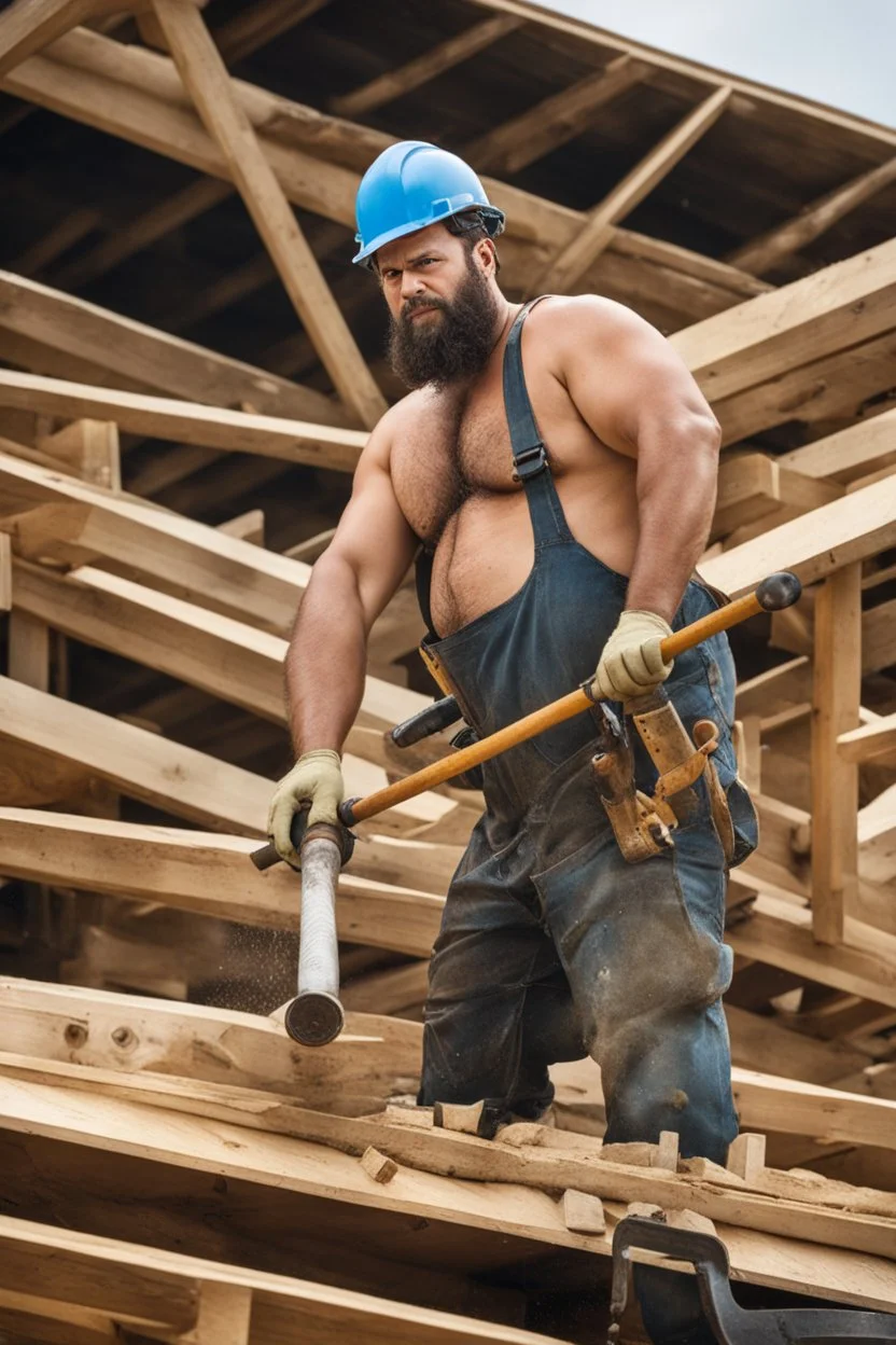 half figure shot photography of an ugly 40 year old stocky big chubby robust burly atab carpenter working on the roof, dirty, wet, wearing bulging overalls, shirtless, hairy chest, serious, very virile, long beard, curly hair,, , in a sunny construction work area, photorealistic , photorealistic