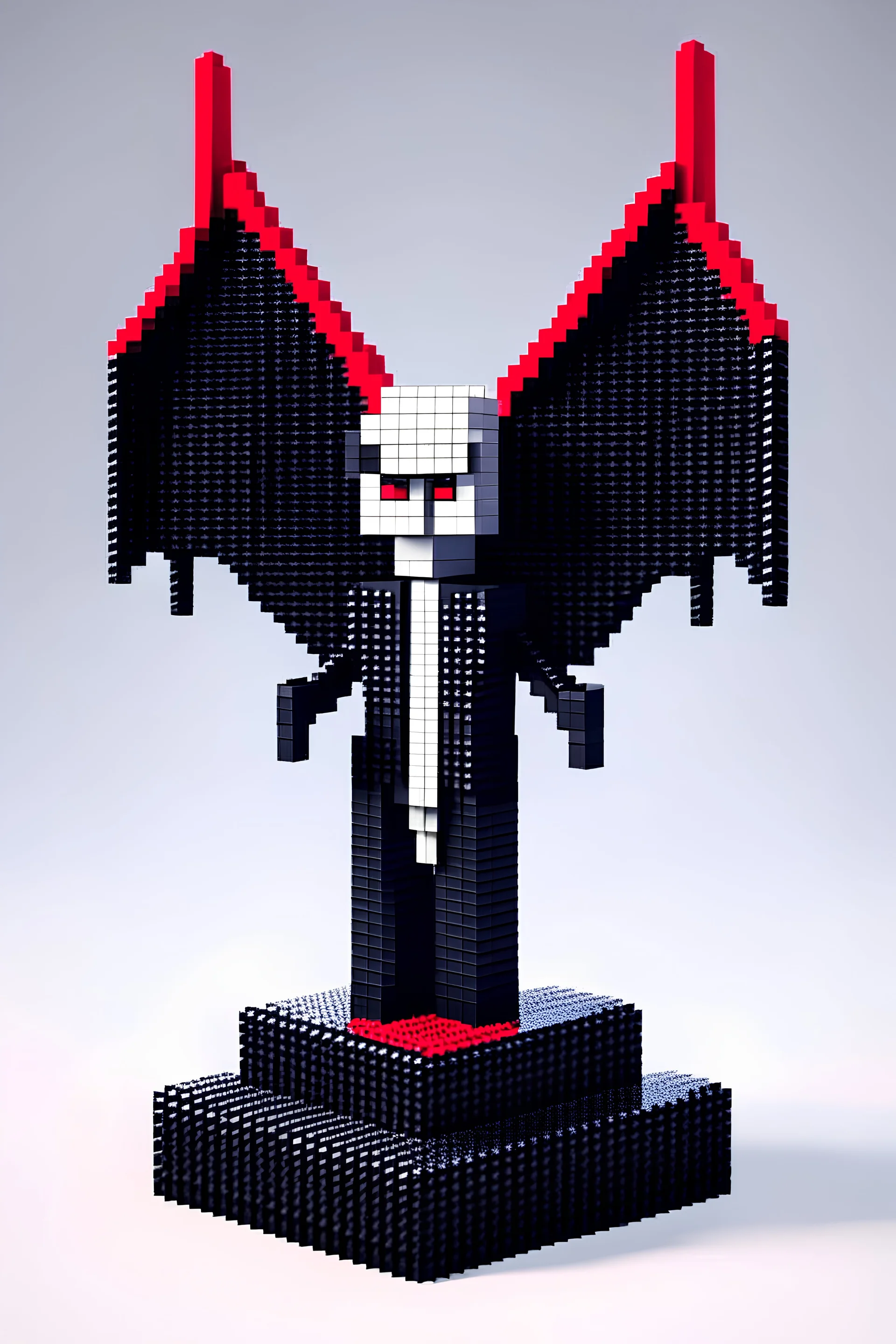 "VoxelVampire": Description: Vampire figure with voxel-style clothing, bat wings with pixelated texture, and a charming yet slightly mysterious expression. Pose: Elegant and confident pose, showcasing the vampire's personality. Accessories: Voxel-style clothing, bat wings with pixelated texture.