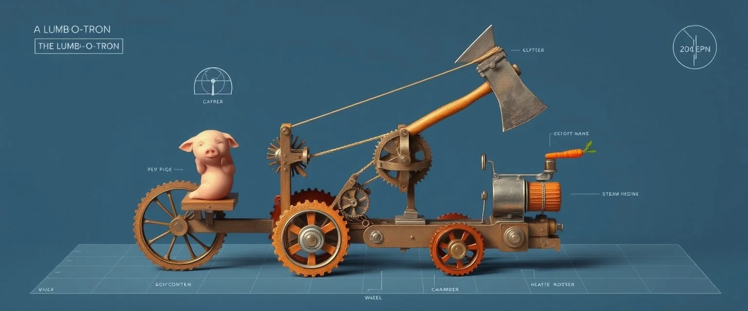 isometric blueprint of hi tech metal gear Gnome invention, winning prize at gnome convention, The Lumb-O-Tron A jury-rigged combination of a cart, pulley system, and an axe designed to chop down trees. The motion is powered by {a yoga pig in a wheel treadmill spurred by a carrot on a stick | a crude stationary bicycle | a tiny steam engine heated by a red pseudodragon in the chamber}