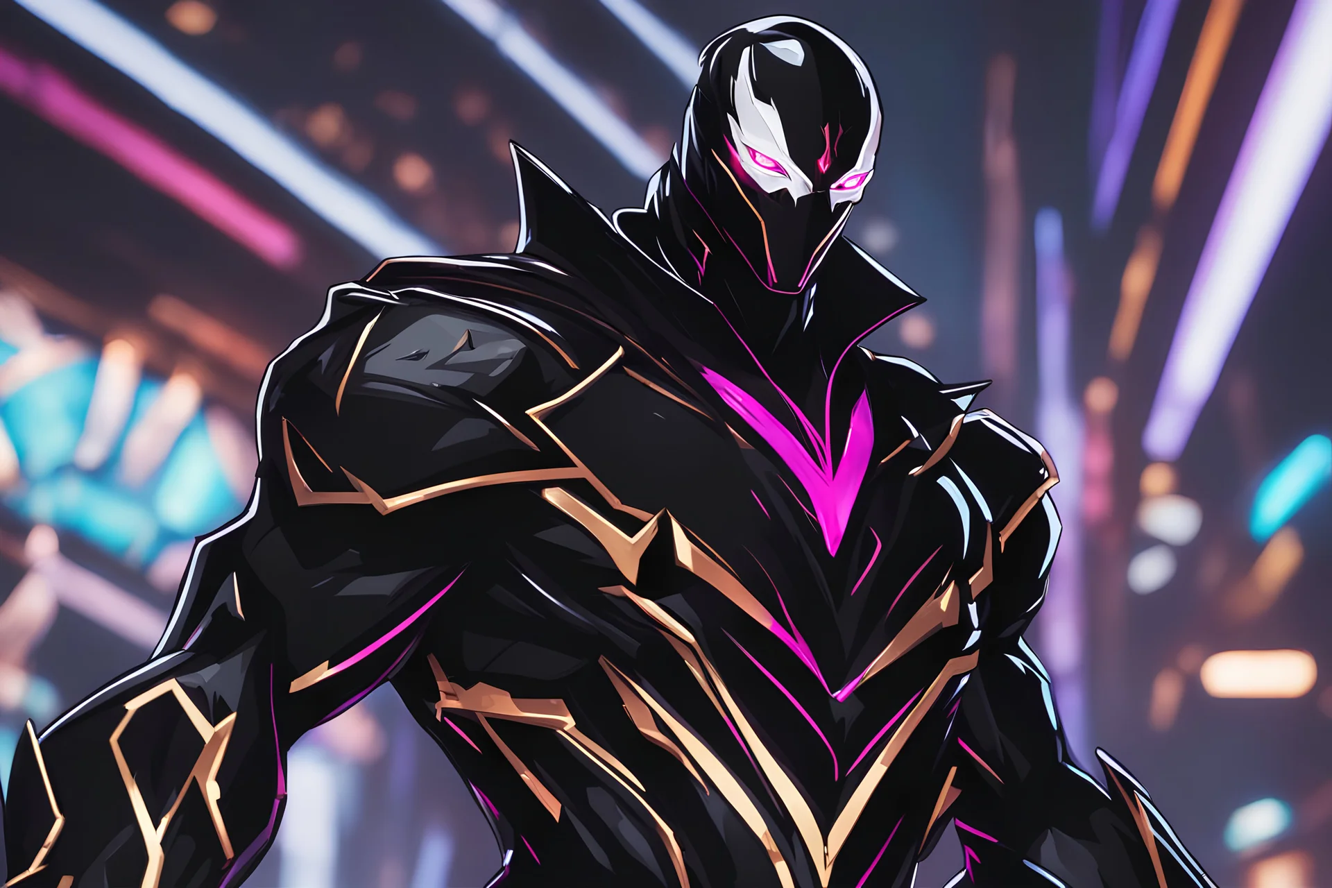 Jhin venom in 8k solo leveling shadow artstyle, mask, wapen, close picture, neon lights, intricate details, highly detailed, high details, detailed portrait, masterpiece,ultra detailed, ultra quality