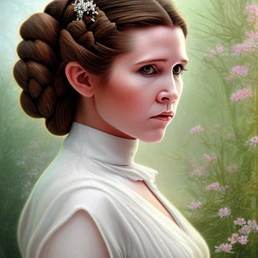 square framed complete and ultra realistic detailed head to waist stunning photo realistic portrait of young carrie fisher as Princess Leia in star wars with photo realistic hairstyle by Mandy Jurgens and mucha and Richard Schmid and chuck close and chie yoshii, extraordinary and detailed ceremony dress of star wars,brown eyes