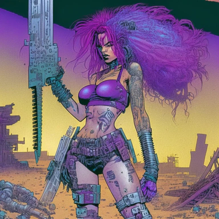 Una mujer egirl de pelo violeta cyberpunk con tatuajes fittnes en armadura plateada futurista en un estilo de comic de 1980 en un wasteland en montevideo con una espada laser.